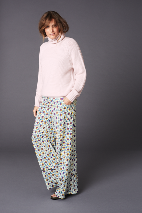 Merino wool 'Y' stitch roll neck jumper (£195) and Yasmin printed silk trouser (£350).