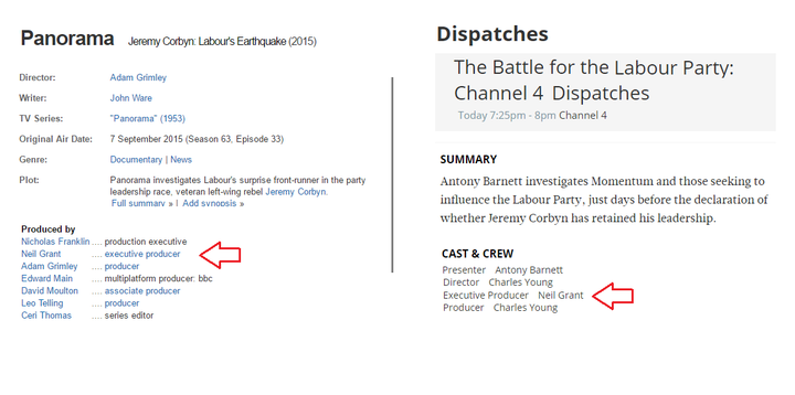 A graphic by Tom Pride showed Neil Grant on the crew list for both programmes