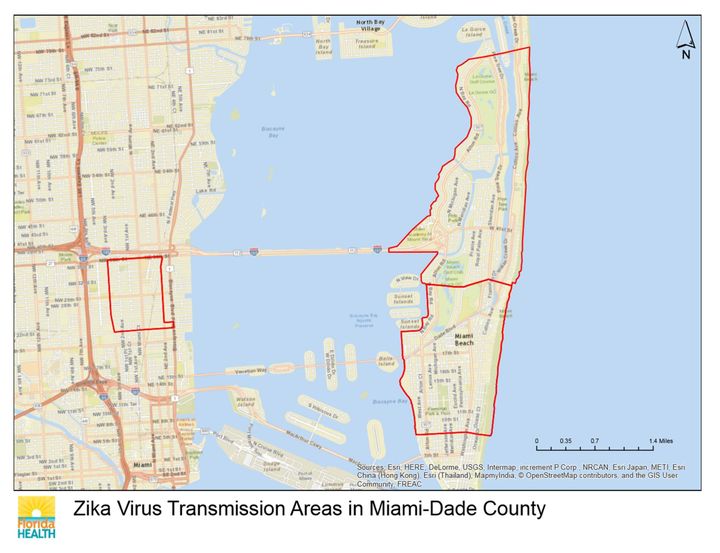 Active transmission areas for Miami Beach are outlined in red on the right The red zone on the left borders Wynwood an area with no more active Zika virus transmission