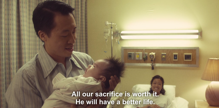 Immigrant father (played by Stephen Lin) recalls his dreams for his U.S.-born son in a flashback scene. (Mother played by Amy