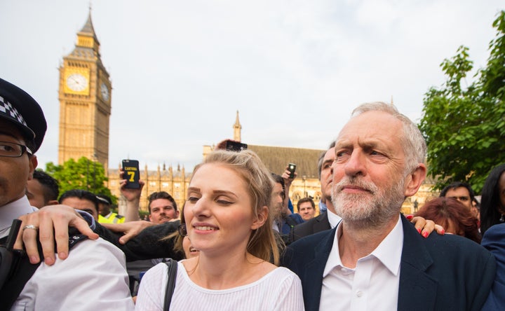 <strong>Corbyn arrives to speak in Parliament Square.</strong>