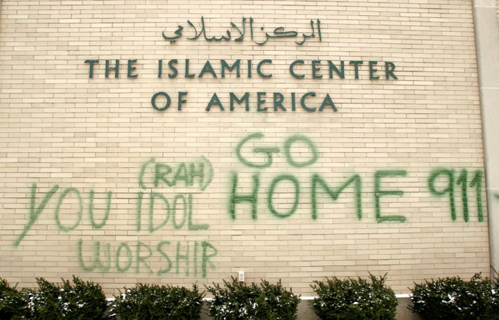 Anti-Muslim graffiti defaces the Islamic Center of America in Dearborn, Michigan, on Jan. 23, 2007.