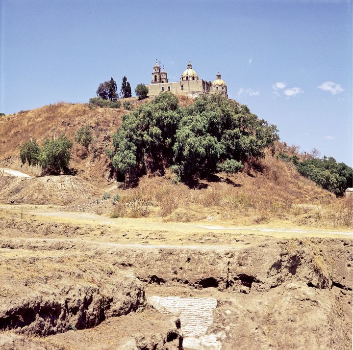 The Iglesia de Nuestra Senora de los Remedios (Church of Our Lady of the Remedies) sits on top of a pre-Columbian pyramid at the archaeological site of Cholula in the Mexican state of Puebla.