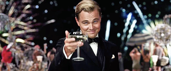 Leonardo DiCaprio as Jay Gatsby in the 2013 movie, <a href="https://www.youtube.com/watch?v=rARN6agiW7o" target="_blank">"The