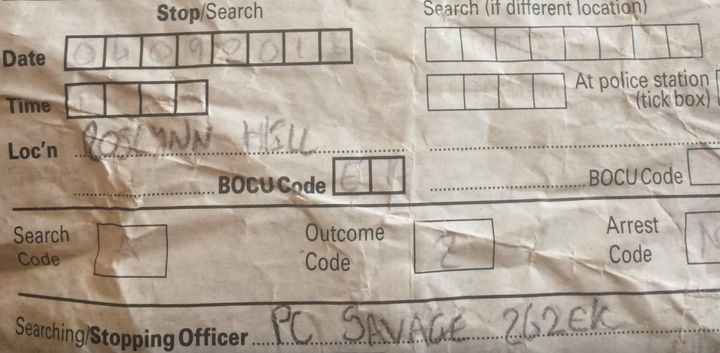 The Stop and Search form which shows PC Savage attended the incident with Adair-Whyte.