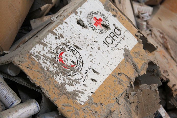 Damaged Red Cross and Red Crescent medical supplies lie inside a warehouse after an airstrike on the rebel held Urm al-Kubra town, western Aleppo city, Syria.