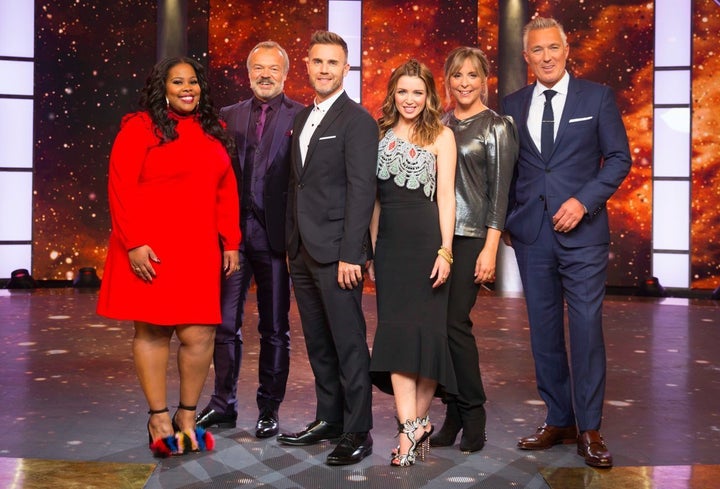 (L-R) Amber Riley, Graham Norton, Gary Barlow, Dannii Minogue, Mel Giedroyc and Martin Kemp.