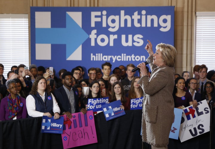 Democratic U.S. presidential candidate Hillary Clinton (R) appears at a campaign rally at the Old City Council Chambers in At