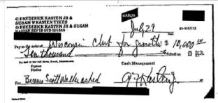 A check for the Wisconsin Club for Growth from G. Frederick Kasten reads "Because Scott Walker asked" in the purpose field.