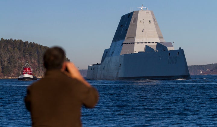 The U.S. Navy's newest destroyer, Zumwalt, sails down the Kennebec River toward the Atlantic on Dec. 7, 2015.