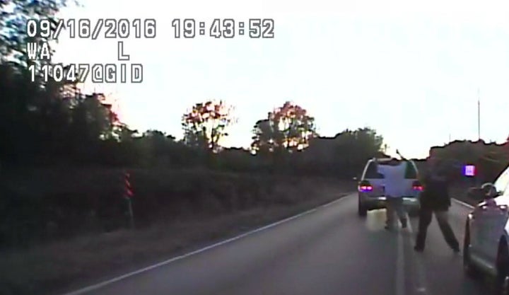 Terence Crutcher, with his hands in the air, moments before being shot.