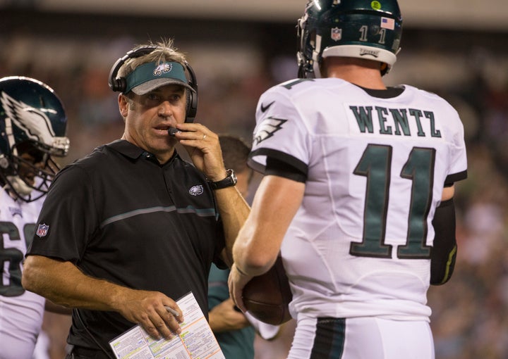 Head coach Doug Pederson says of Wentz's command: "It’s something a nine-, 10-year veteran would do. It’s showing his maturity and the ability that he has to play quarterback."