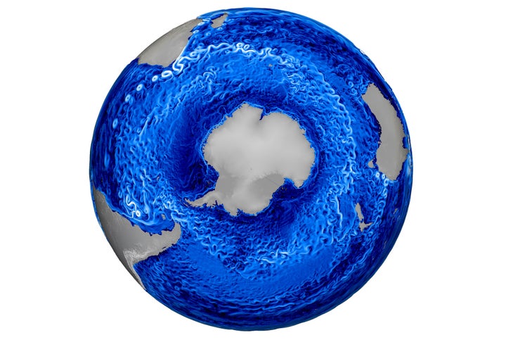 Trinity will help improve visualizations such as this one from Los Alamos' MPAS-Ocean model, which shows ocean currents and eddies in a high-resolution global ocean simulation with Antarctica in the center. Colors show speed, where white is fast and blue is slow. 