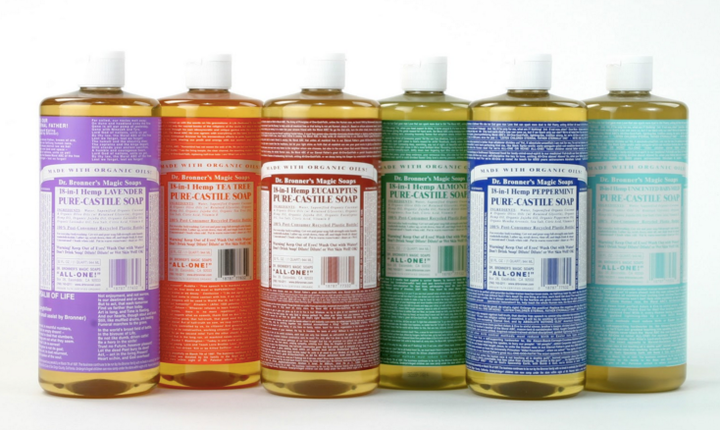 An array of Dr. Bronner's signature soap line.