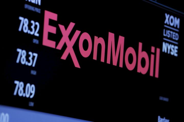 The logo of Exxon Mobil Corporation is shown on a monitor above the floor of the New York Stock Exchange in New York, New York, U.S.