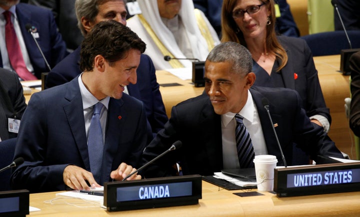 U.S. President Barack Obama talks with Canadian Prime Minister Justin Trudeau during the United Nations General Assembly on Sept. 20, 2016.