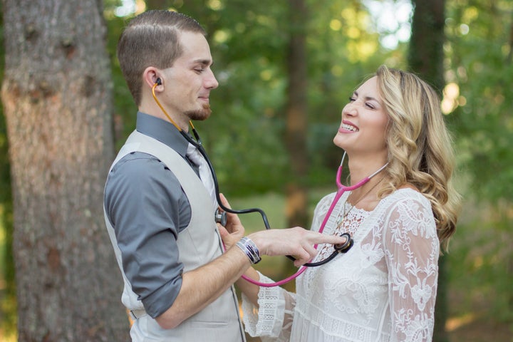 Nurses Chelsea Tanner and Richard Harkleroad played around with their stethoscopes during the shoot.