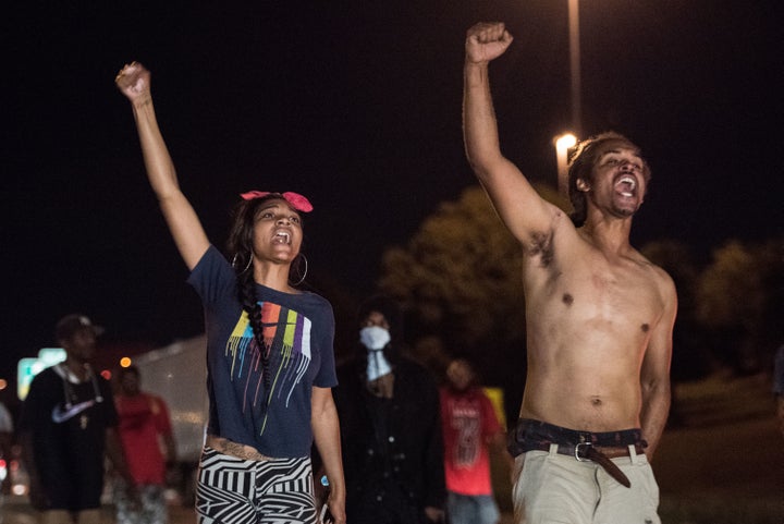 People block traffic on the I-85 (Interstate 85) during protests.