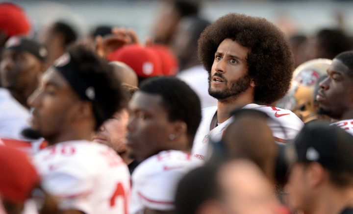 San Francisco 49ers quarterback Colin Kaepernick looks on before the national anthem.