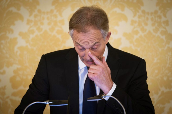 Tony Blair wipes a tear at his Chilcot press conference