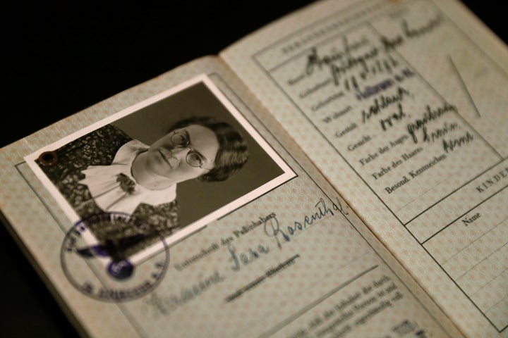 The old German passport of Hermine Sara Rosenthal, the grandmother of London rabbi Julia Neuberger, is seen at the West Londo