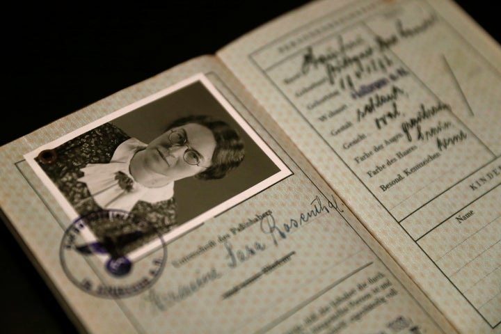 The old German passport of Hermine Sara Rosenthal, the grandmother of London rabbi Julia Neuberger, is seen at the West London Synagogue in London, Britain Sept. 20.