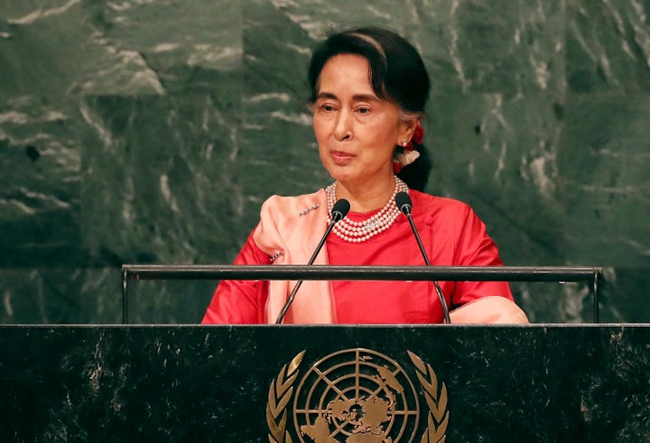 Myanmar leader Aung San Suu Kyi addresses the General Assembly at the United Nations on September 21, 2016 in New York City.
