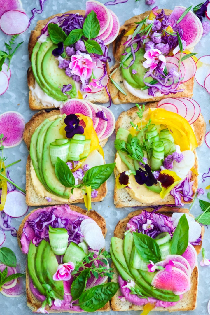 Rainbow cauliflower baba ghannouj on toasts