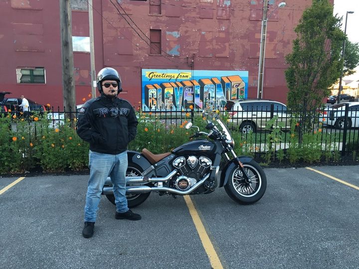 Me posing way to seriously with the 2016 Indian Scout in Cleveland, OH. Taken on Garmin Virb Ultra 30.