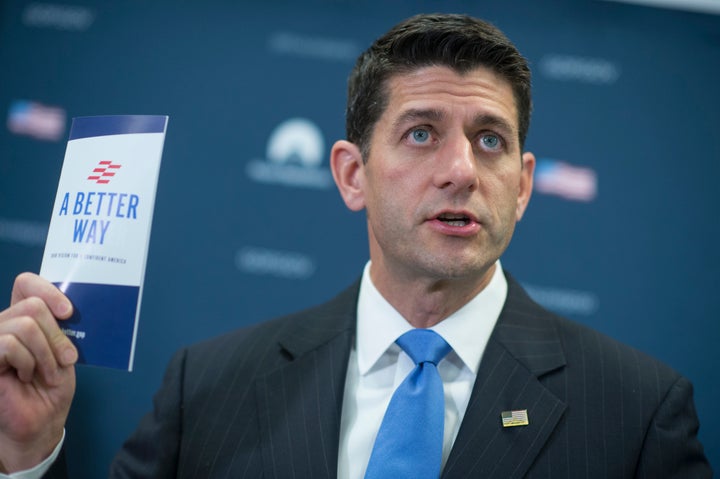 House Speaker Paul Ryan (R-Wis.) holds up a pamphlet promoting the GOP's new policy ideas, which he would much rather talk about than Donald Trump, thanks.