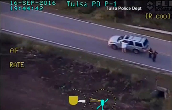 A still image captured from a video from Tulsa Police Department shows Terence Crutcher seen with his hands in the air during a police shooting incident in Tulsa, Oklahoma, U.S. on September 16, 2016. Video taken September 16, 2016.