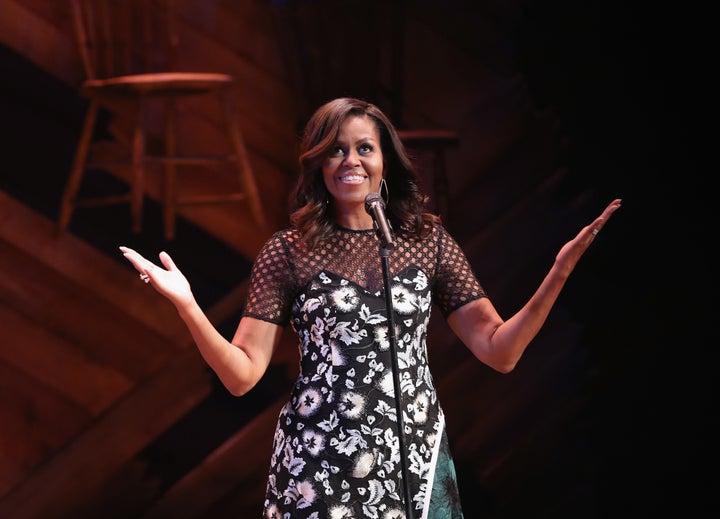 First Lady Michelle Obama speaks to fellow first ladies and students at the Jacob's Theater on September 19, 2016 in New York City. (Photo by John Moore/Getty Images)