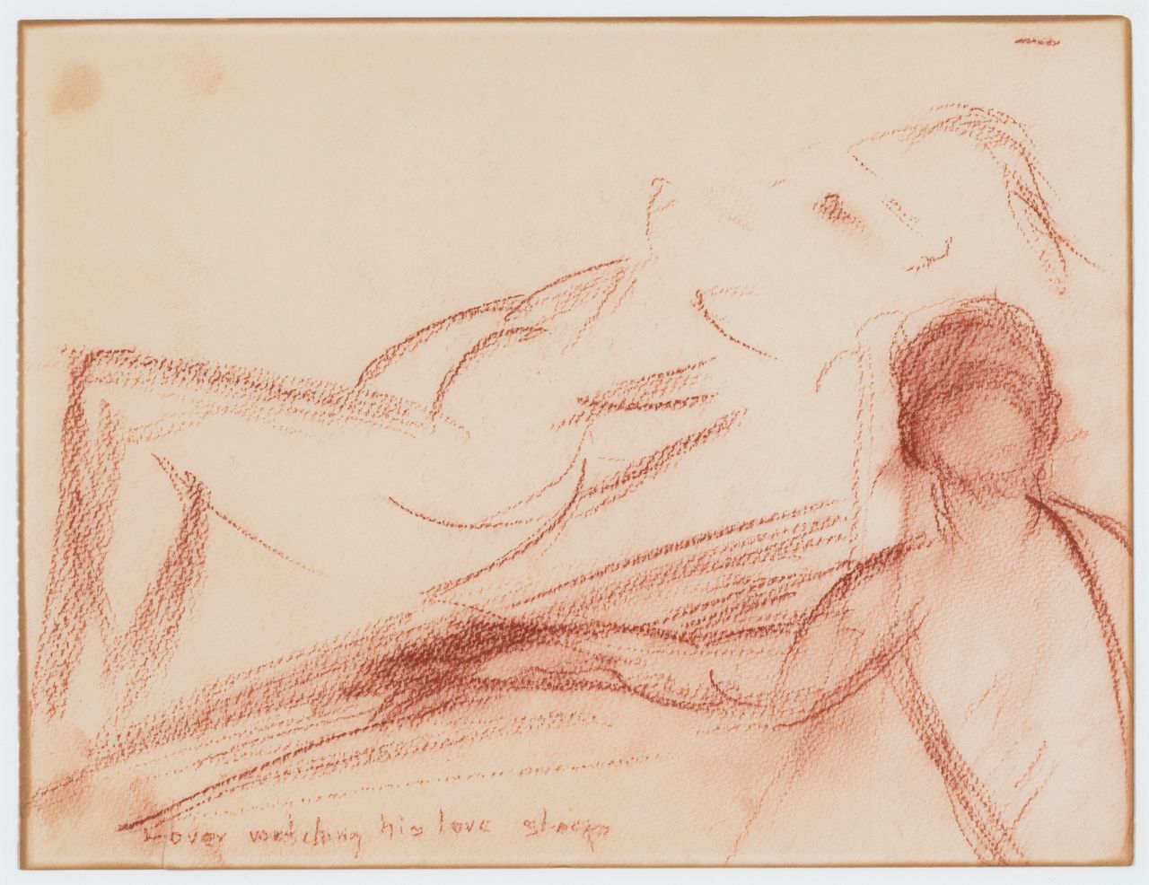 "Lover watching his love sleep," Marilyn Monroe, late 1950s, Conté crayon on paper