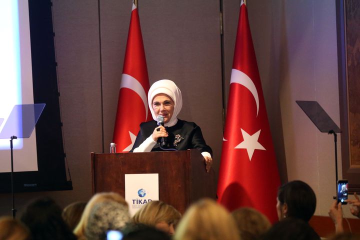 First Lady of Turkey Emine Erdogan speaks at the Harvard Club in New York, on Thursday.