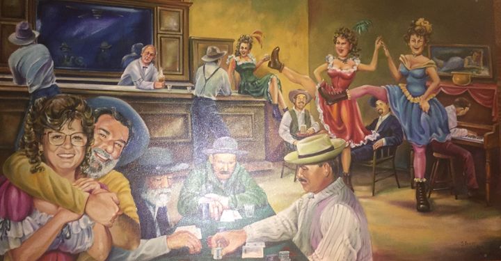 A pub scene painted by a family friend that features Wayne Neal in the lower left.