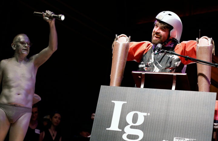 <strong>Thwaites speaks after receiving his award while still wearing his prosthetic extensions</strong>
