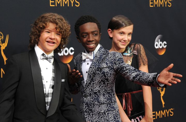 Gaten Matarazzo, Caleb McLaughlin and Millie Bobby Brown at the Emmy Awards on Sept. 18 in Los Angeles.