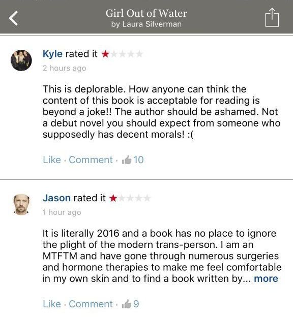 Hateful reviews posted on the Goodreads page of a Y.A. novel by Laura Silverman. Review copies of the book have not yet been sent out.