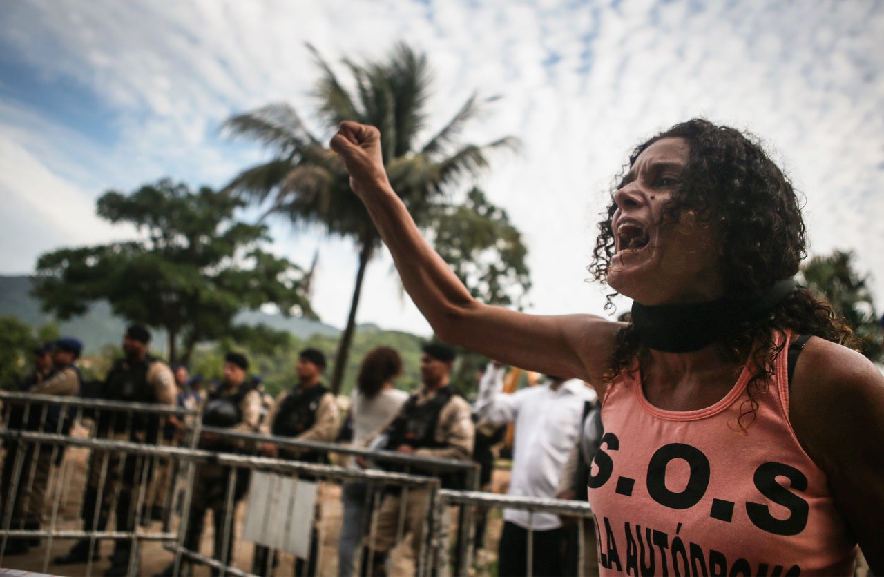 Residents of Vila Autódromo protest the demolition of their neighborhood in February 2016.