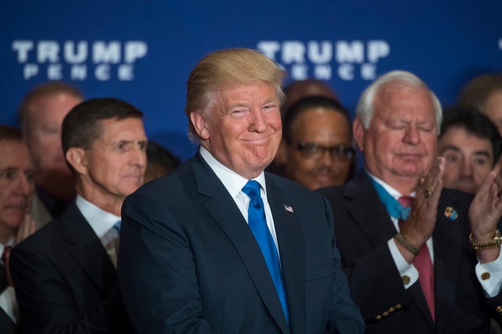 Republican presidential nominee Donald Trump attends a campaign event with veterans at the Trump International Hotel in Washington, D.C.