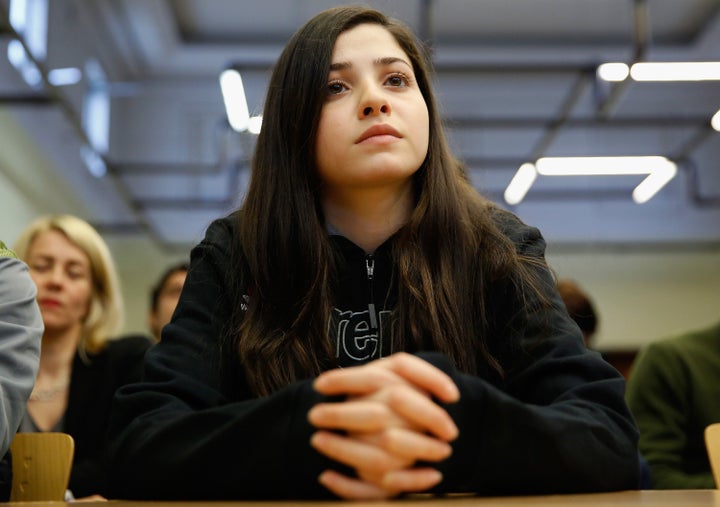 BERLIN, GERMANY - MARCH 18: Syrian swimmer Yusra Mardini, a refugee athlete who now trains at German swimming club Wasserfreunde Spandau 04, attends a press conference at Landessportbund Berlin on March 18, 2016 in Berlin, Germany.