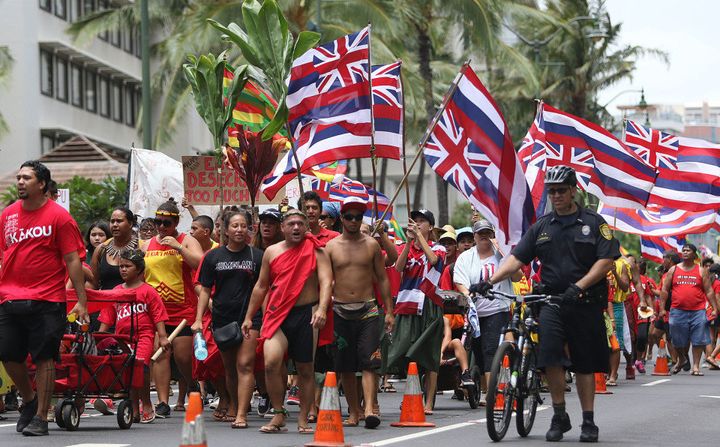 Thousands of Aloha Aina Unity marchers head toward Kapiolani Park in Honolulu, Hawaii in August 2015.