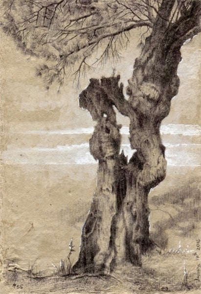 Tree #55, ballpoint pen and gouache on brown handmade paper, 4×6″, January 17, 2016