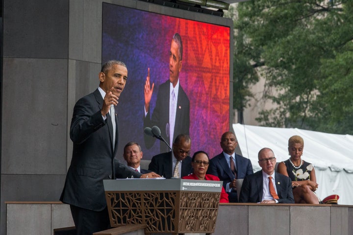 US President Barack Obama speaks during the opening ceremony for the Smithsonian National Museum of African American History and Culture September 24, 2016 in Washington, D.C. / AFP / ZACH GIBSON