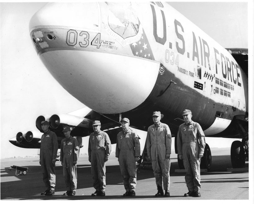 Lt. Don Harten, second from the left, stands at attention in 1966 at Mather AFB, Sacramento, in front of a B-52 dubbed Parker
