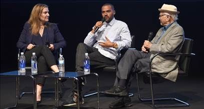 (L-R) Vanity Fair West Coast Editor Krista Smith, senior producer Jesse Williams and executive producer Norman Lear speak onstage during EPIX "America Divided" LA Premiere at Billy Wilder Theater at The Hammer Museum on September 20, 2016 in Westwood, California