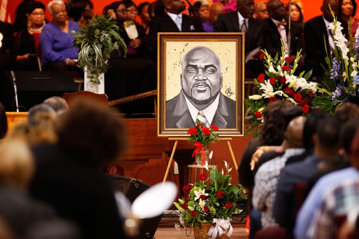 An artistic depiction of Terence Crutcher is displayed at his funeral in Tulsa, Oklahoma.