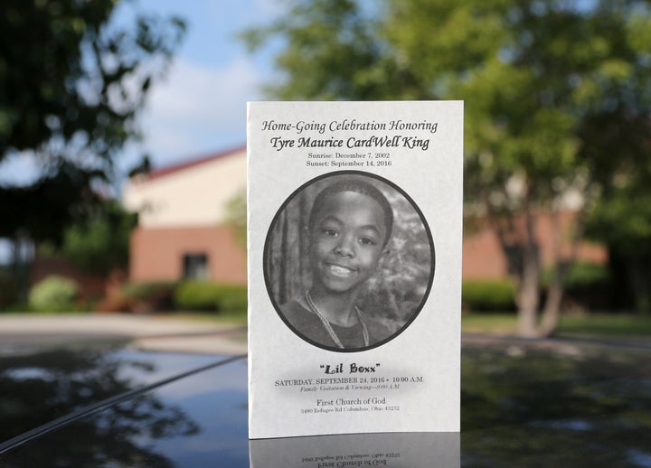 The funeral program for Tyre King, a 13-year-old African-American youth shot last week by a white police officer, is seen outside the First Church of God of in Columbus, Ohio.