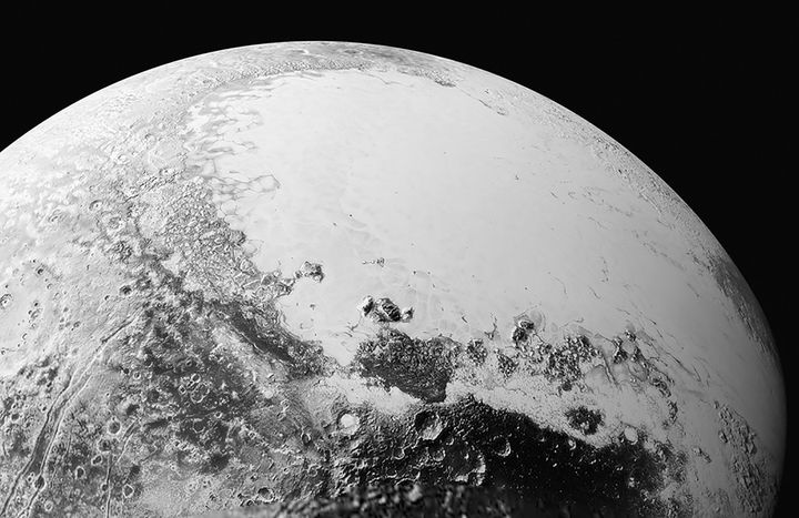 A synthetic perspective view of Pluto, based on the latest high-resolution image from New Horizons spacecraft, shows Sputnik Planum.