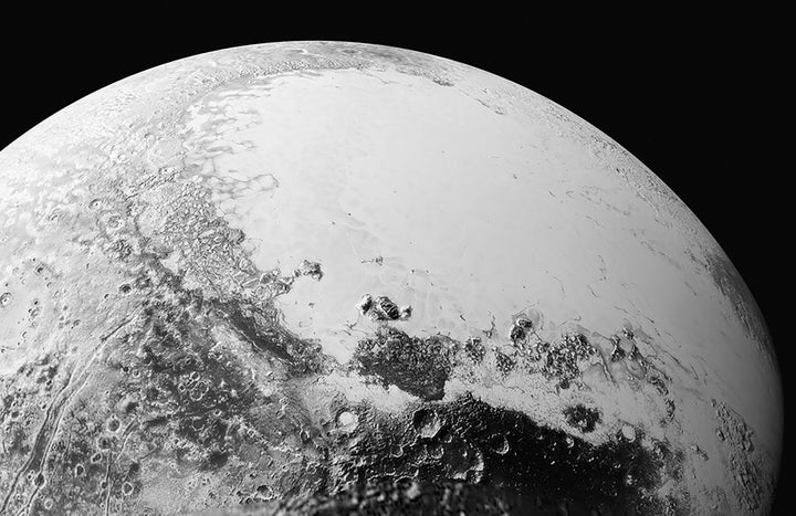 A synthetic perspective view of Pluto, based on the latest high-resolution image from New Horizons spacecraft, shows Sputnik Planum.